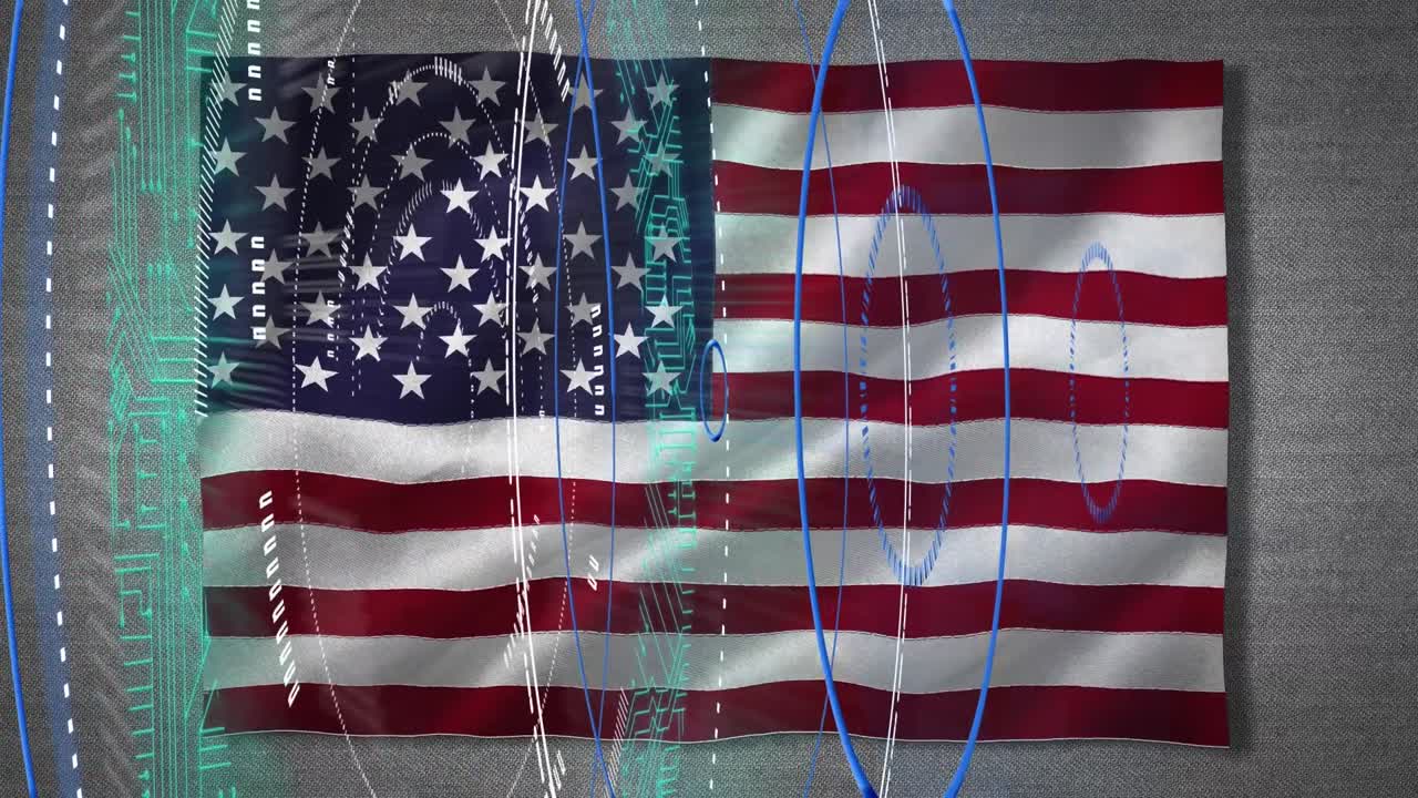 conexiones de microprocesador en escáneres redondos sobre la bandera estadounidense contra un fondo gris
