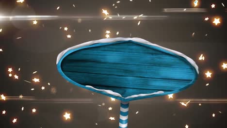 animation of blue wooden board with copy space with glowing stars falling over grey background