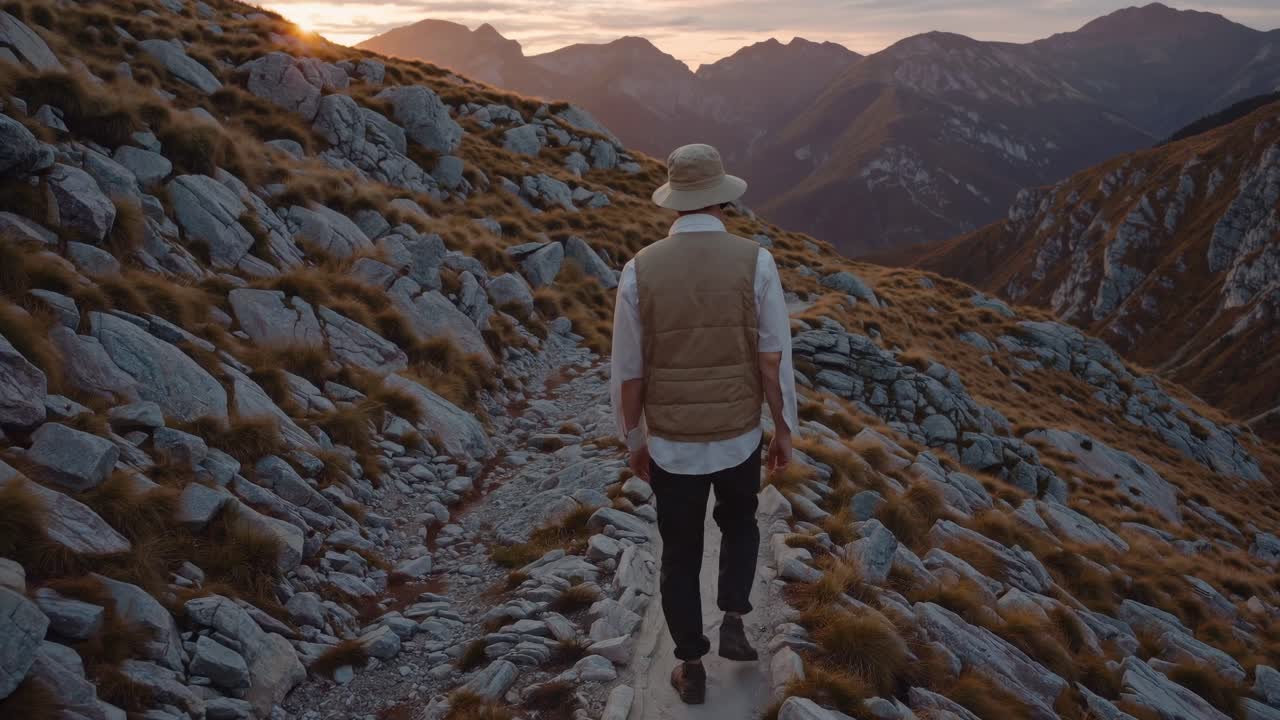 Man Hiking on Mountain Trail at Sunset