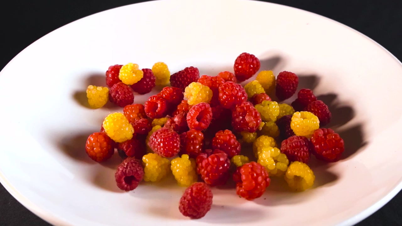 Mix colorato di lamponi freschi rossi e gialli che ruotano su un piatto bianco su sfondo scuro, una rappresentazione perfetta di alimentazione sana, vitamine e ingredienti naturali biologici per dessert