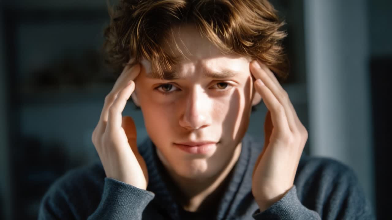 Un giovane sperimenta emozioni intense, mostrando la visibile lotta contro ansia e preoccupazione mentre contempla i suoi pensieri e sentimenti in un momento di riflessione.