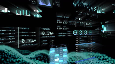 animation of interface with statistical and financial data processing against neon digital wave