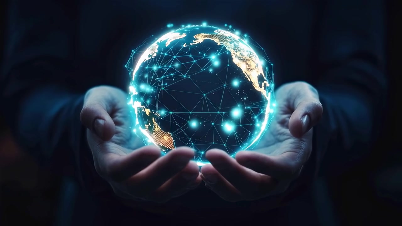 Manos humanas sosteniendo una Tierra digital brillante con conectividad de red global