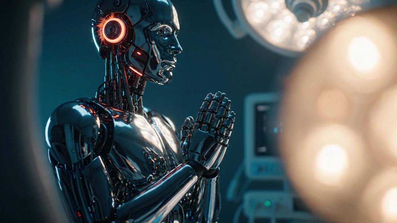 Un'entità robotica futuristica in un contesto medico, che integra tecnologia e umanità in un momento di profonda riflessione, coscienza e consapevolezza.