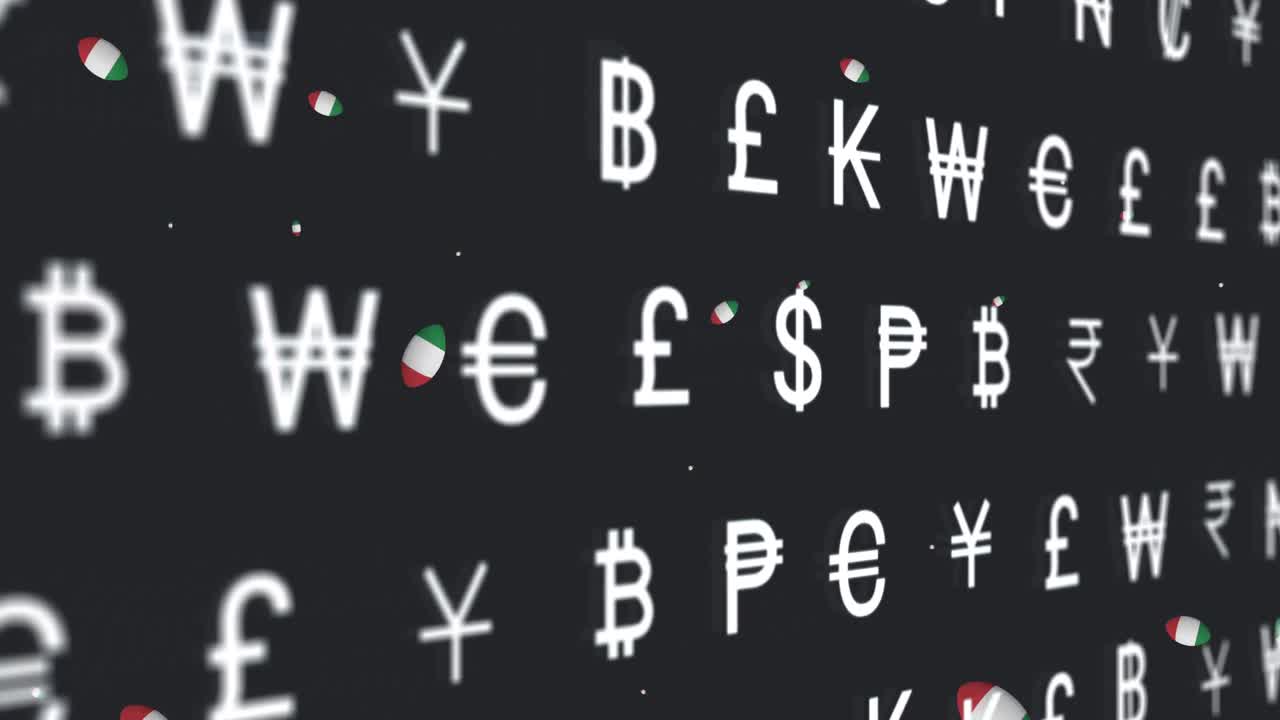Animation of currency symbols over rugby balls with flag of italy