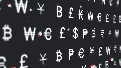 animation of currency symbols over rugby balls with flag of italy