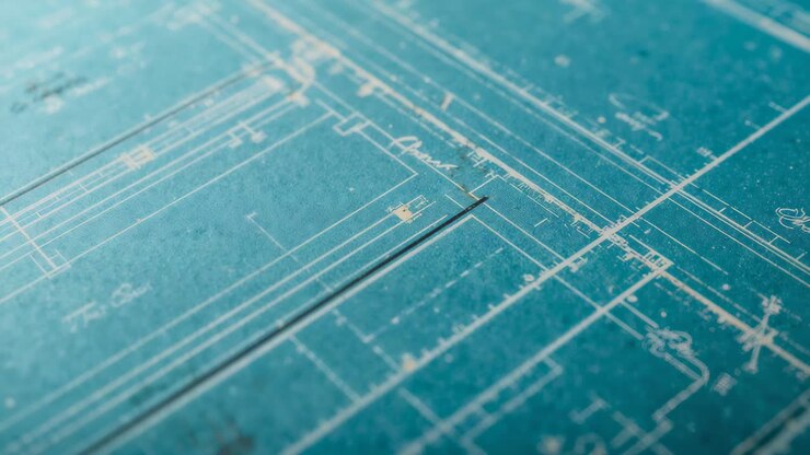 Pulling back, camera revealing teal blueprint sheet on desk, showing gridlines and scale marks