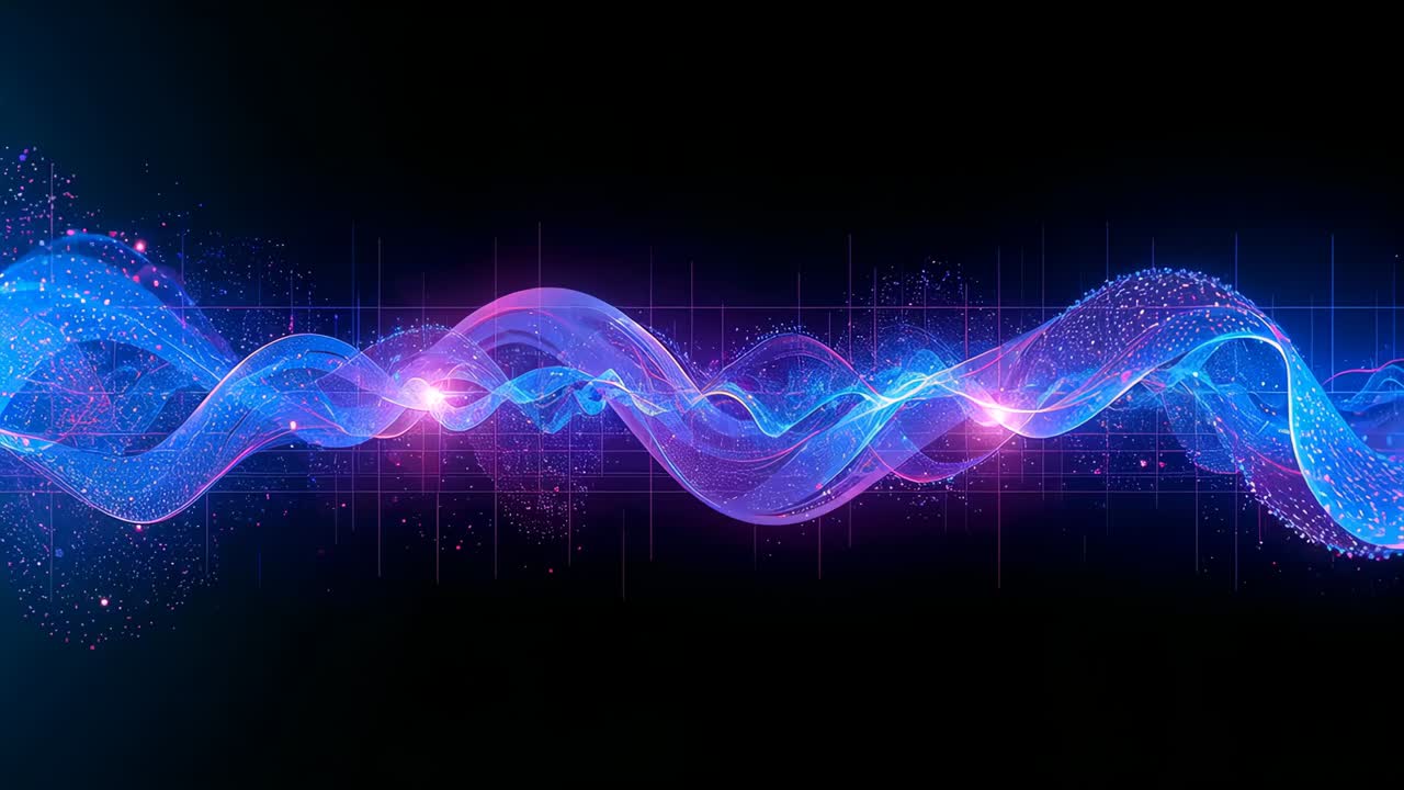 Morphing ribbon on dark grid reacting to left flare rising, forming spiral vortex with spark trails