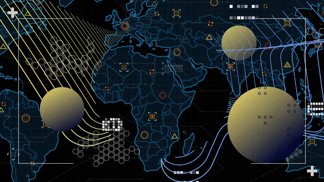 Animation of world map and data processing on black background
