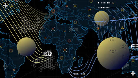 Animation-of-world-map-and-data-processing-on-black-background