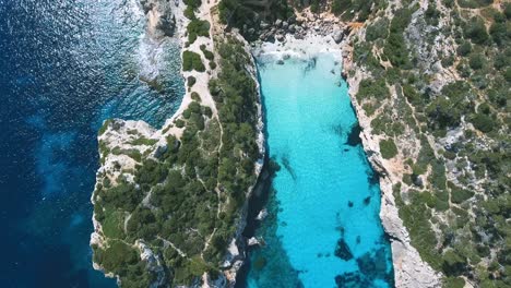 Impresionante-Toma-Aérea-De-Arriba-Hacia-Abajo-De-Una-Hermosa-Bahía-En-El-Paraíso-Con-Increíbles-Aguas-Claras-Y-Turquesas-En-El-Mar-Mediterráneo-En-Mallorca,-España---4.000-Imágenes-De-La-Isla-Balear