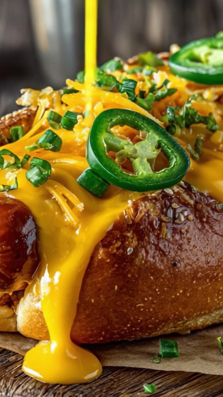 焼きたてのバンズに乗った、新鮮なハラペーニョとネギがトッピングされ、溶けたチェダーチーズがとろりと垂れる美味しいチーズホットドッグ。