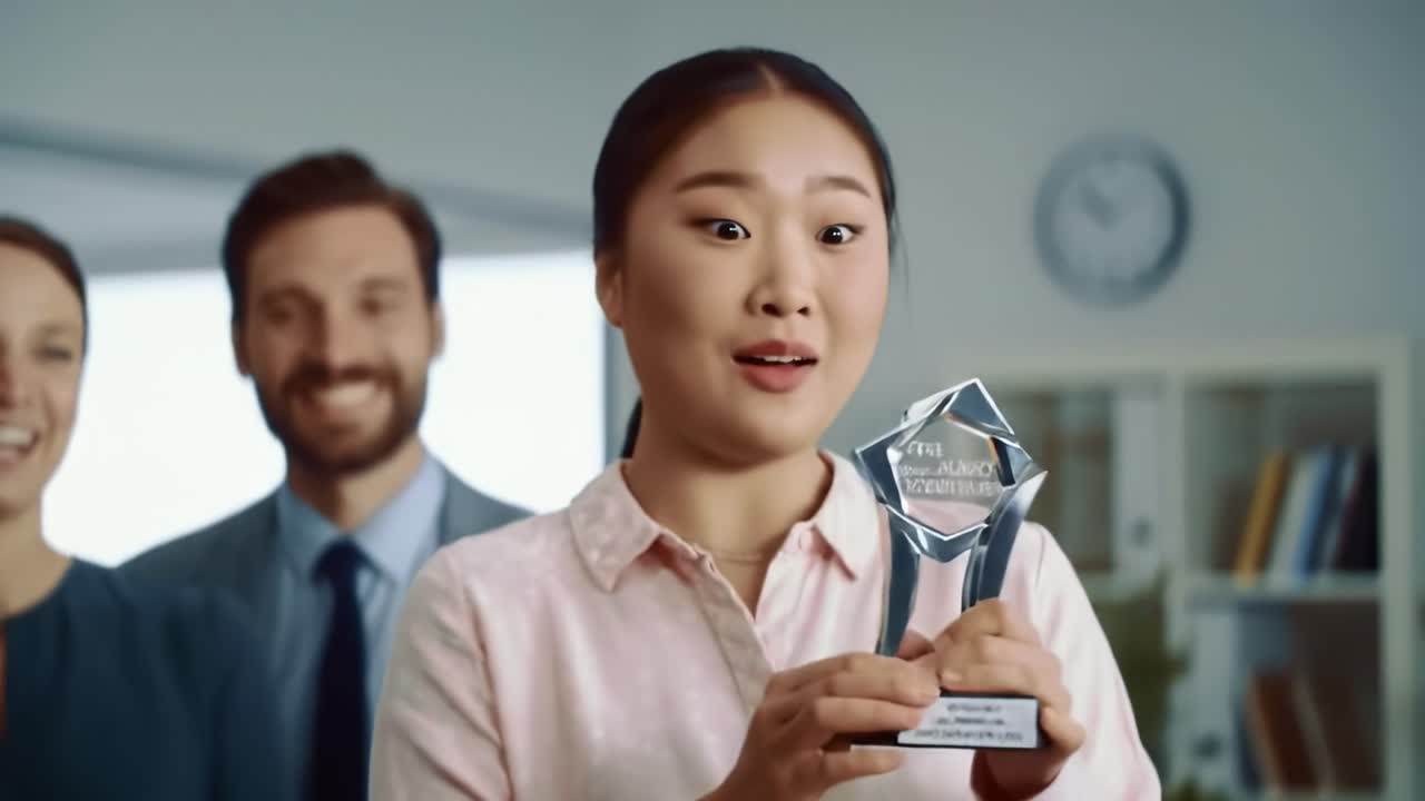In a bright office, a woman is shocked as she holds a trophy, celebrating her achievement. Colleagues express happiness alongside her, creating an uplifting atmosphere of success and teamwork.