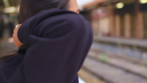 Close-Up-Of-Young-Woman-Waiting-On-Railway-Station-Platform-For-Train-1