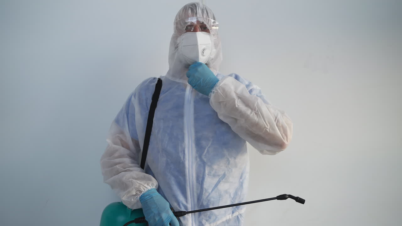 en equipo de protección personal rociando desinfectante