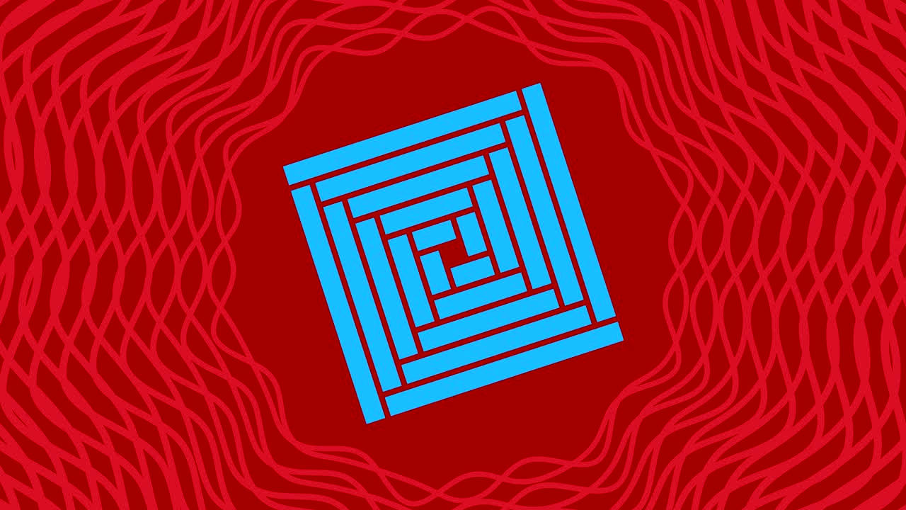 objeto gráfico que gira en el centro, aumentando y luego reduciendo el tamaño dentro de un marco gráfico, mientras que el fondo cambia rápidamente de color creando un efecto psicodélico, en formato de video 16: 9