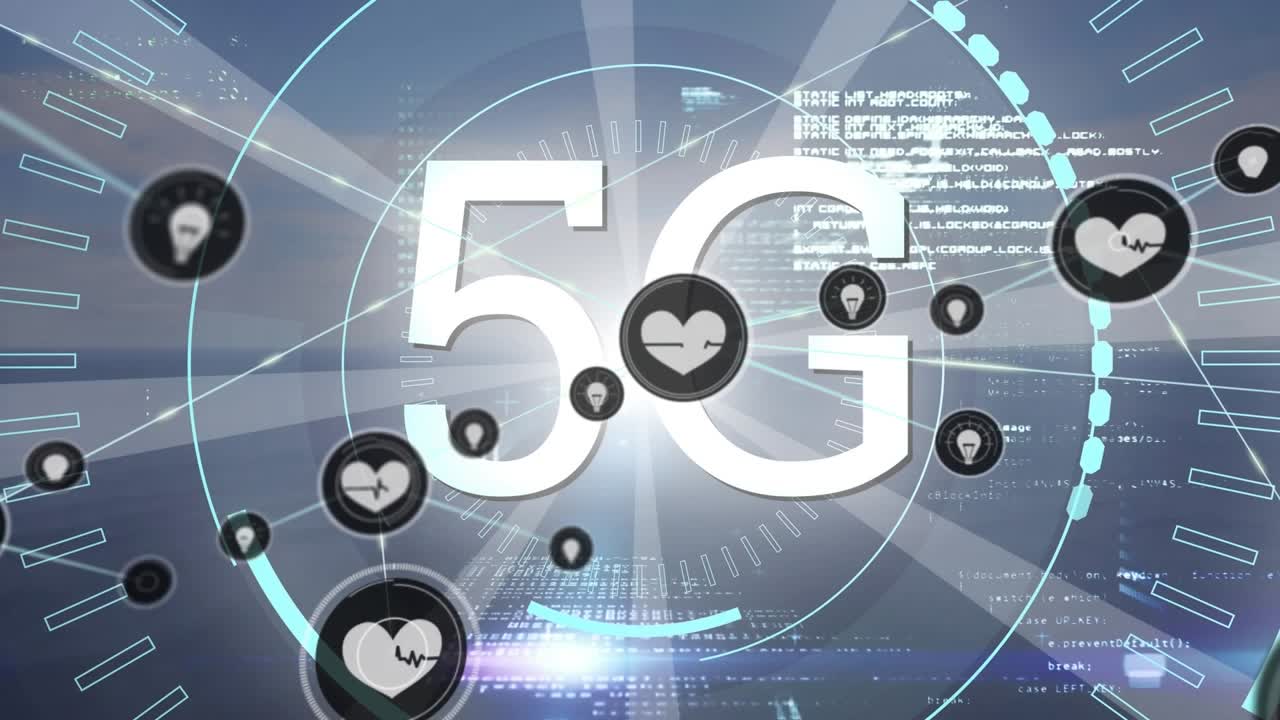 Animazione di una rete di connessioni con icone su 5G ed elaborazione dati
