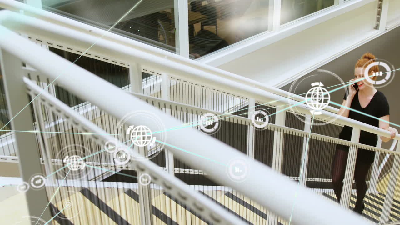 Network connections and data processing animation over woman walking in office building
