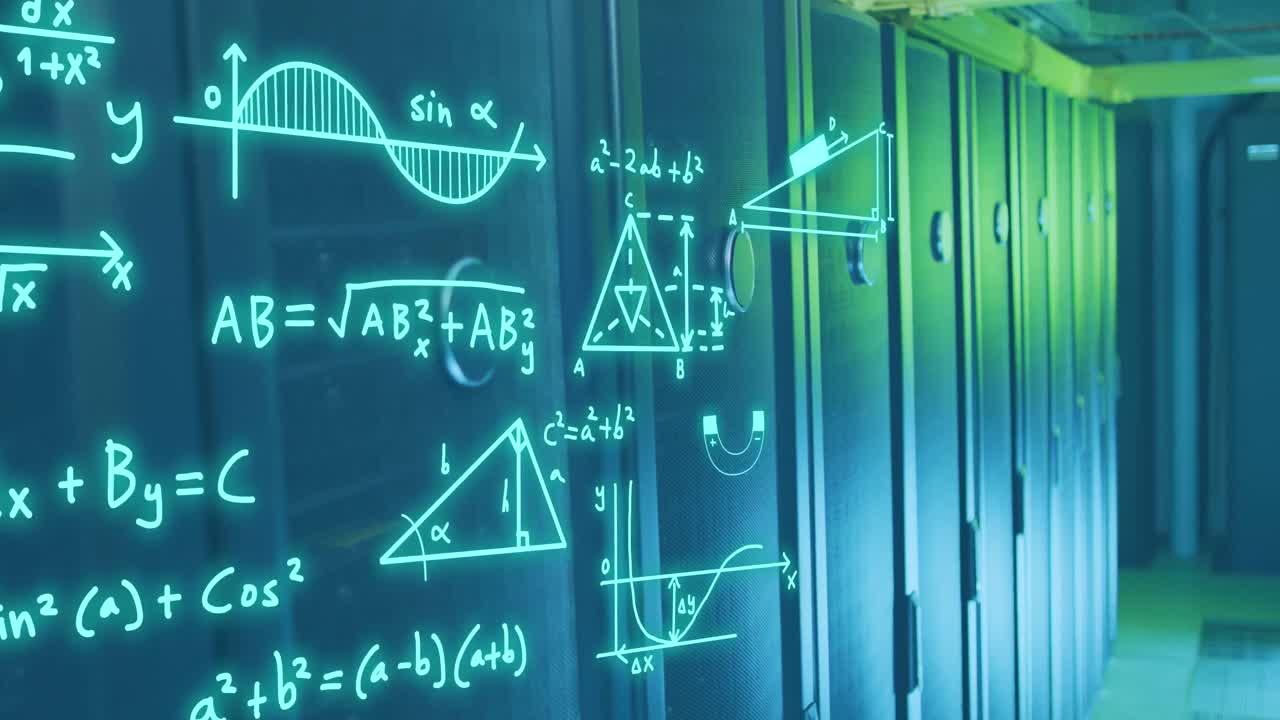 Animation of mathematical equation and diagrams over data server room