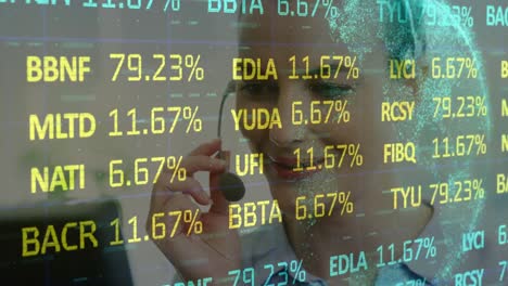 animación del mercado de valores sobre una mujer de negocios caucásica con auriculares