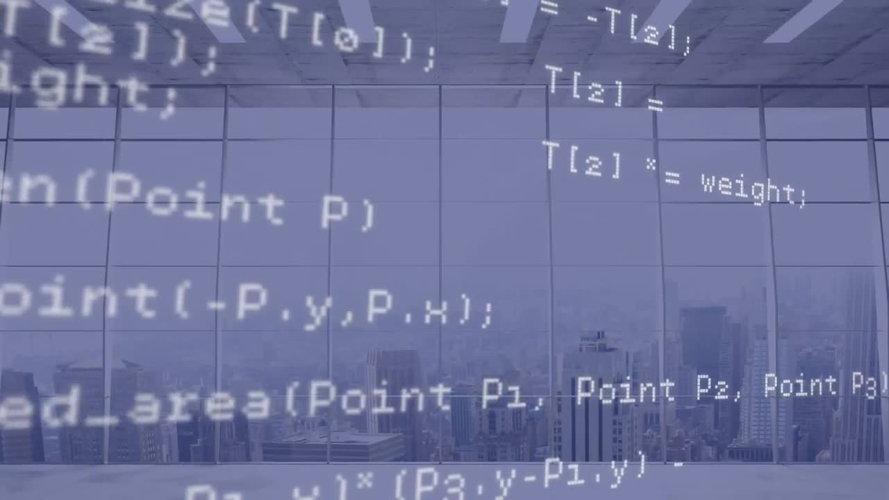Animation of data processing over cityscape on blue background
