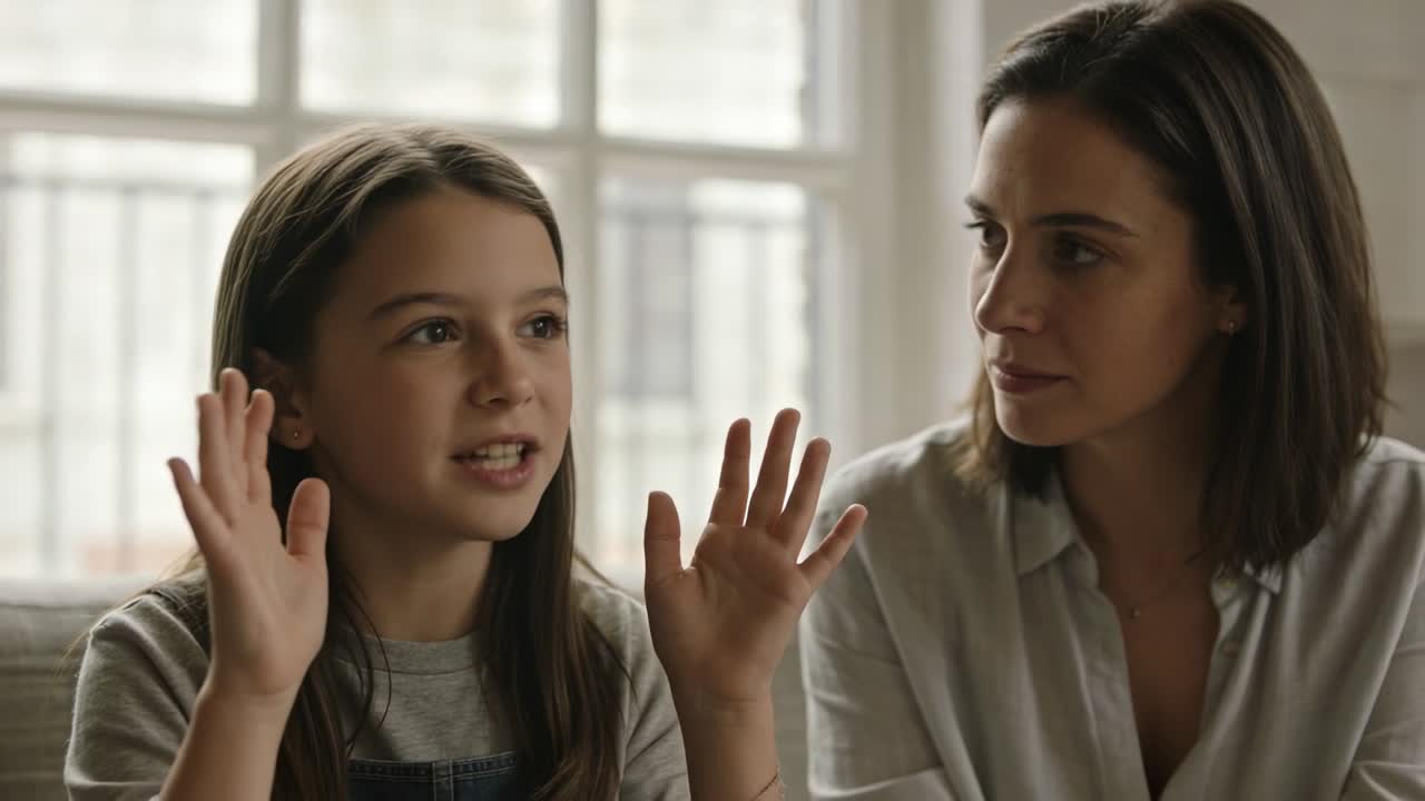 Raising hands child narrating story on sofa before paned window, denim overalls, mother listening