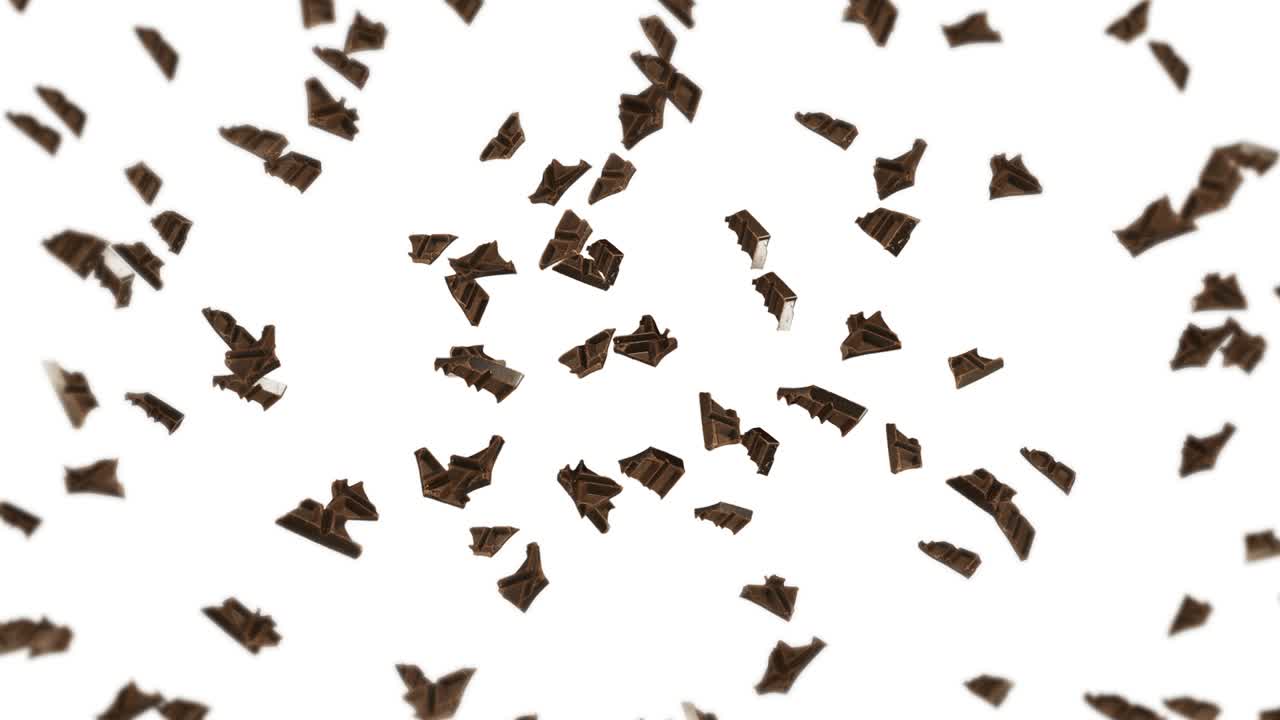 검은 바탕에 많은 초콜릿 조각을 날아. 음식과 과자. 우유와 어두운. 초콜릿 회전의 3d 루프 애니메이션.