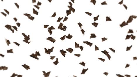 volando muchas piezas de chocolate en fondo negro. alimentos y dulces. leche y oscuro. animación de bucle 3d de chocolate girando.