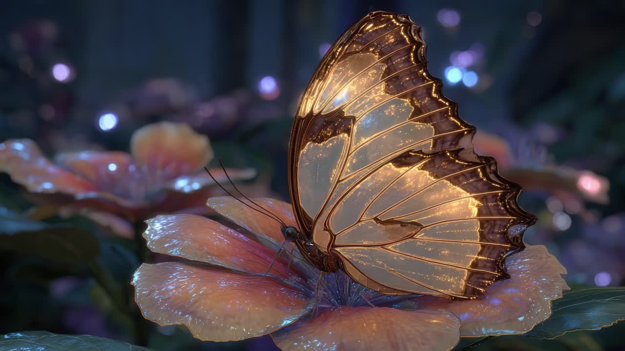 Primo Piano Mozzafiato di una Farfalla Scintillante Posata su un Fiore dai Colori Vivaci, Catturata in un Mondo Onirico Pieno di Incantevole Bellezza Naturale