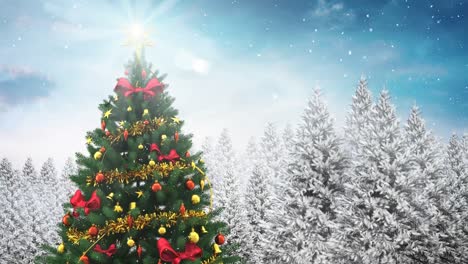 Weihnachtsbaum-In-Winterlandschaft-Und-Fallendem-Schnee