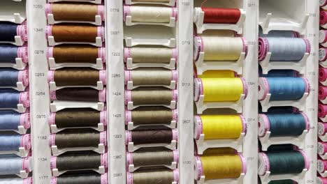 multicolored threads on the shelves in the store sewing kit specialized sewing shop multicolored threads on the shelves in the store sewing kit specialized sewing shop