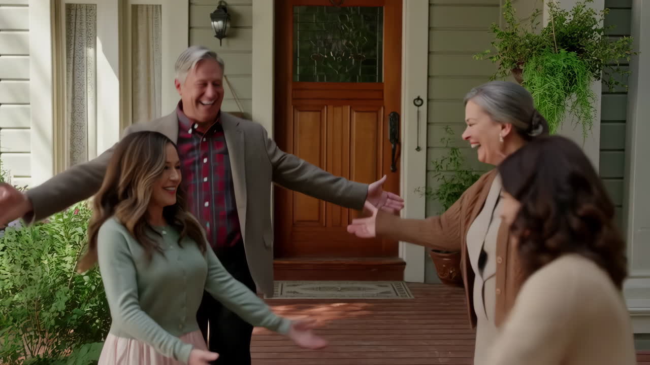 A family embracing warmly outside their home