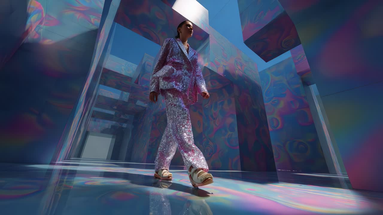 A model confidently walks through an abstract, colorful corridor illuminated by soft light, showcasing a shimmering outfit that reflects vibrant hues and patterns in a surreal environment
