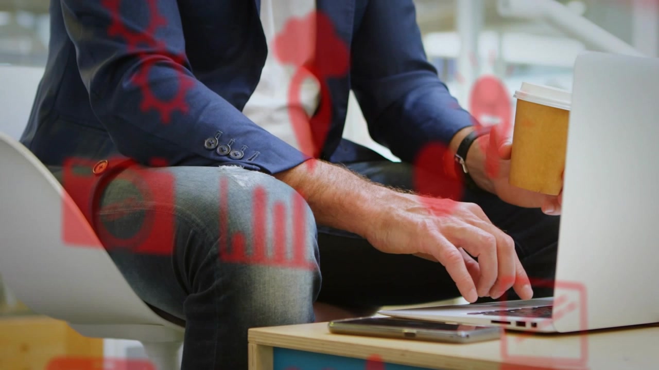 Mature man resting near keys, typing, tapping pad on tech laptop, red overlay sweeping over hands