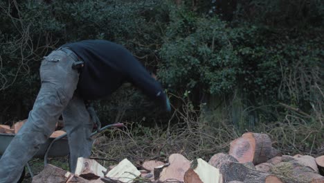 Elderly-man-swinging-axe-chopping-logs-4K