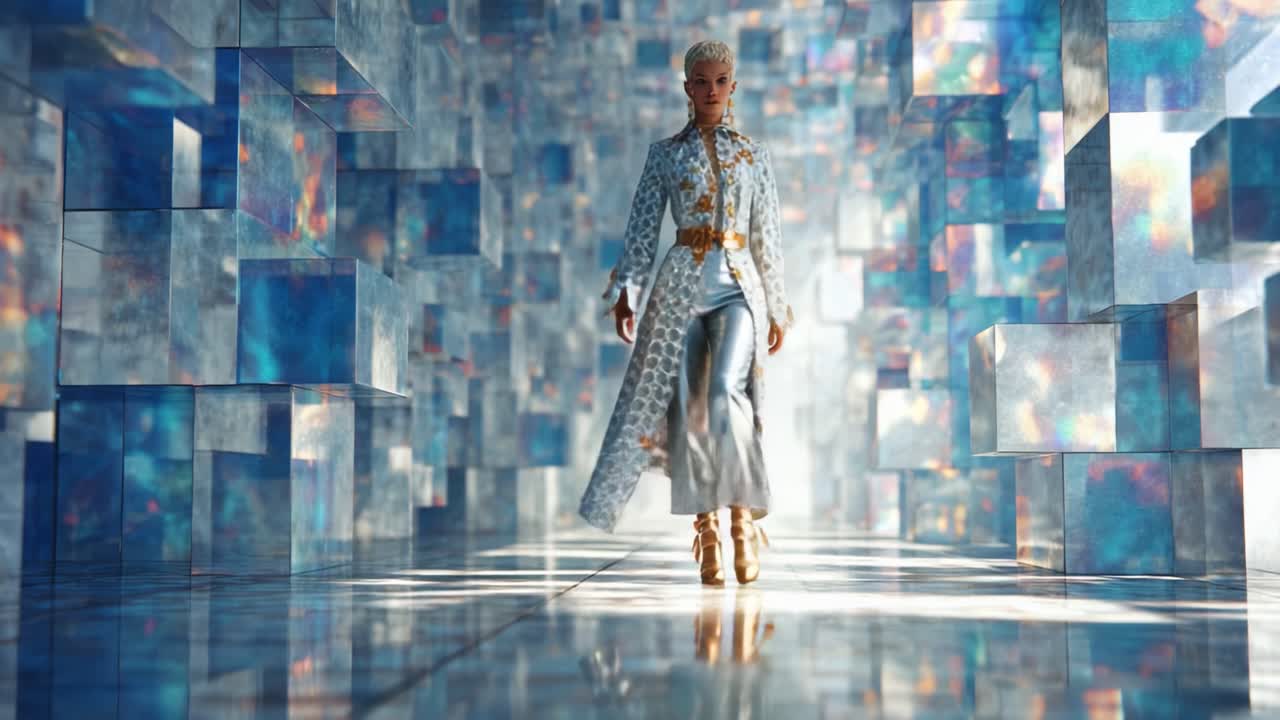 A Mesmerizing Journey Through a Crystal-Like Dimension Featuring an Elegant Figure Dressed in Intricate Gown Walking Confidently Among Radiant Light and Reflective Surfaces