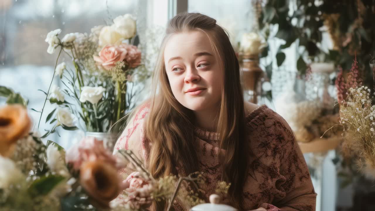 Young florist with down syndrome carefully arranging a bouquet of flowers with her colleague in a flower shop, creating beautiful floral compositions