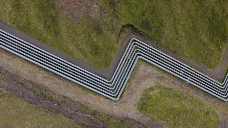 Aerial top down shot of geothermal hot water pipeline in Iceland