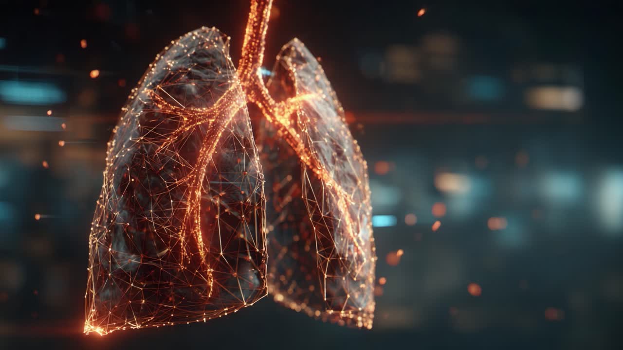 Una visualizzazione straordinaria dei polmoni umani in un regno digitale, che mette in mostra reti intricate ed elementi luminosi, catturando l'essenza della funzionalità respiratoria