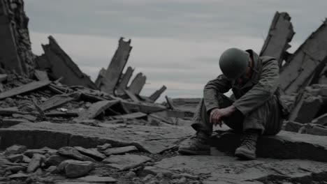 depressed soldier sitting and reflecting on battlefield ruins after war devastation, contemplating loss and destruction in a poignant scene of conflict aftermath