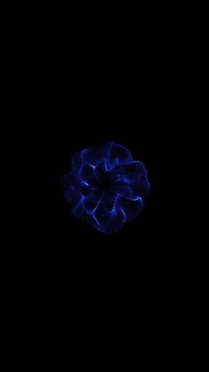 Glowing blue energy shockwave expanding outward with floral blast pattern on black background