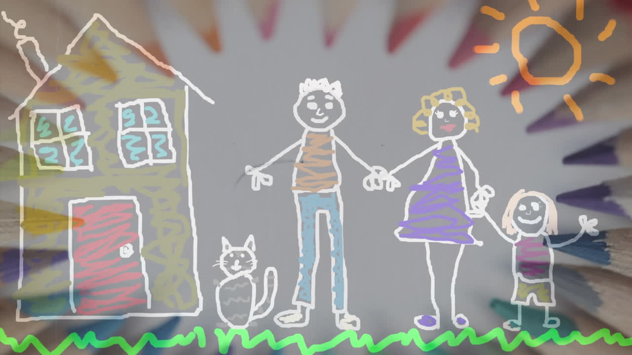 ⁇ 색 배경에 컬러 연필로 원을 그리는 가족의 애니메이션