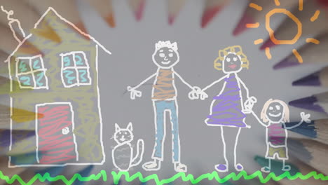 animação de uma família desenhada à mão com lápis de cor em círculo sobre fundo branco