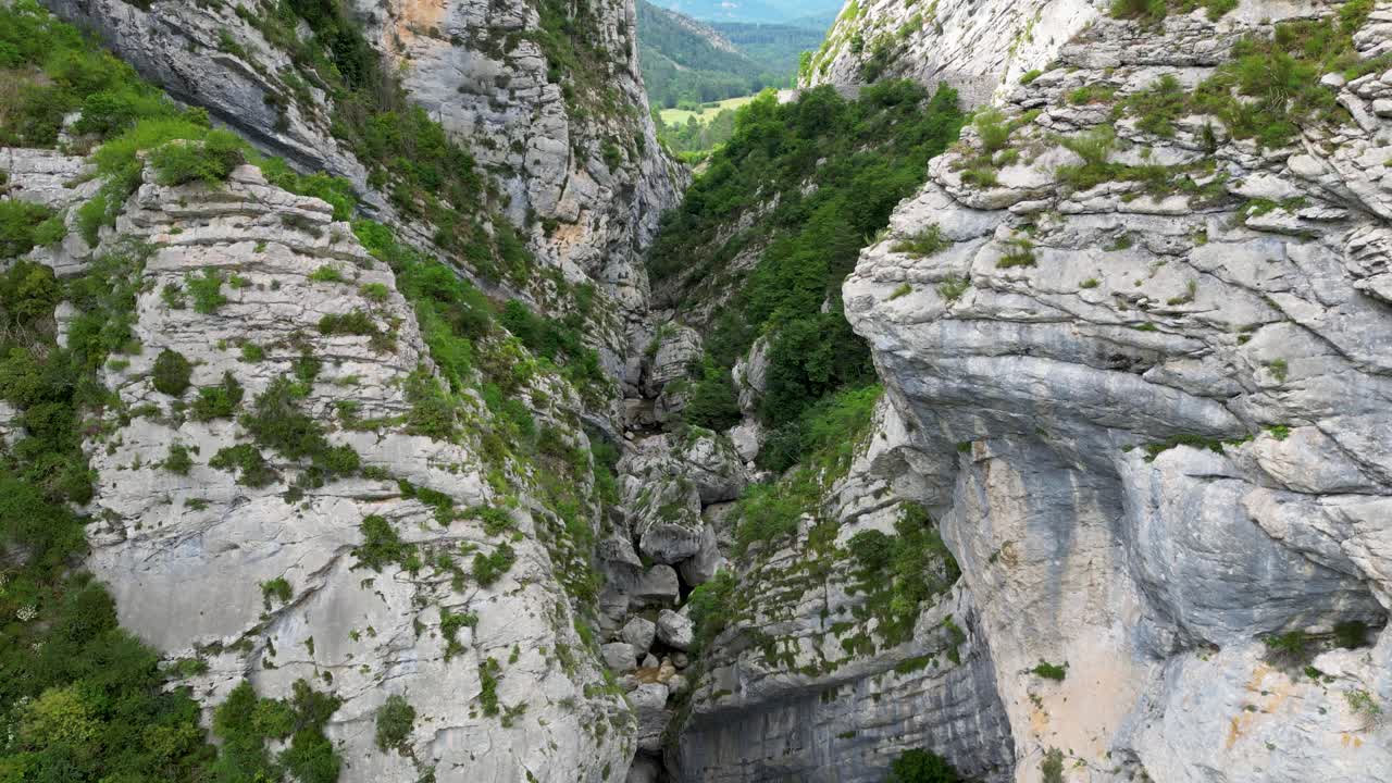 Upward Drone tilt of dramatic cliffs and sprawling valleys, framed by vibrant greenery in France.