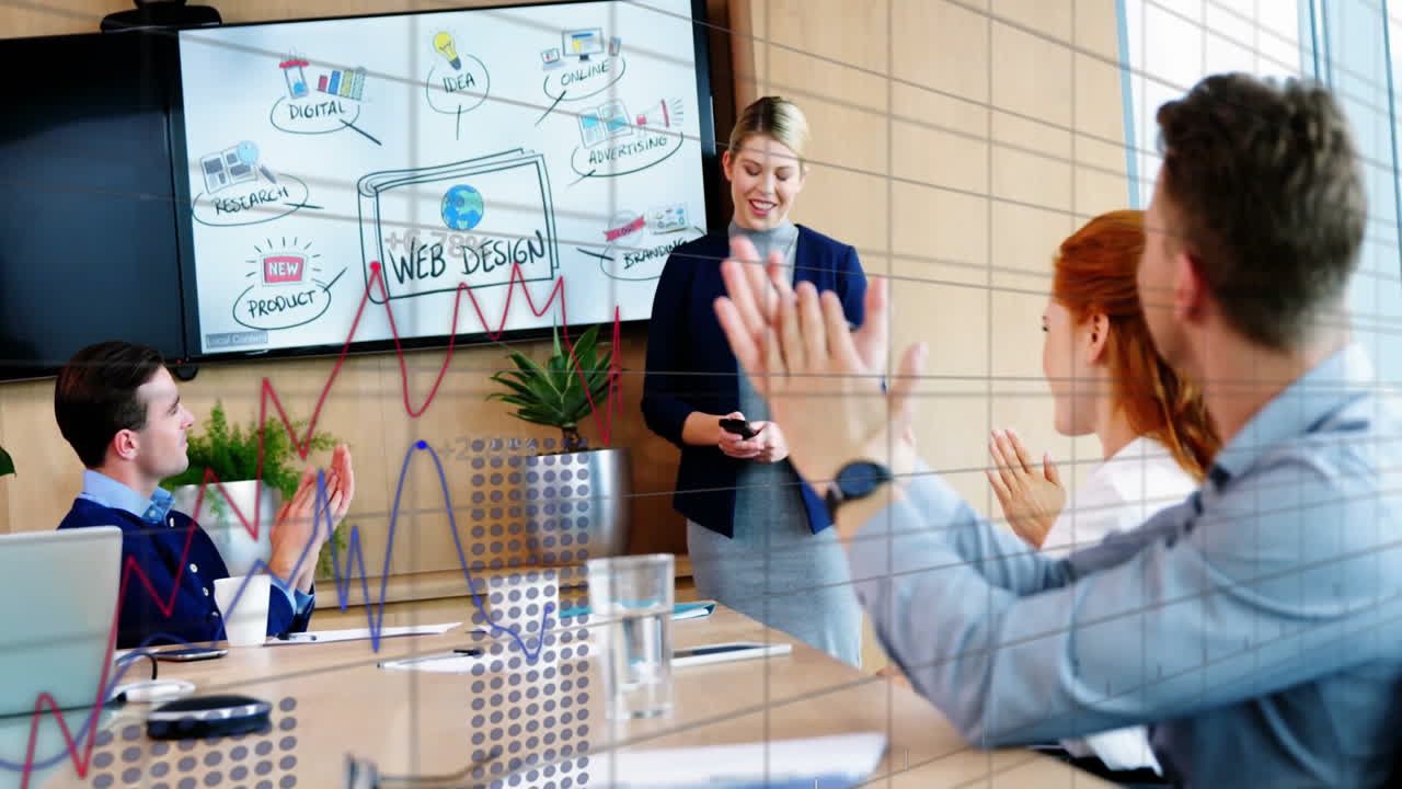 사무실에서 일을 논의하는 다양한 동료들에 대한 다이어그램의 애니메이션