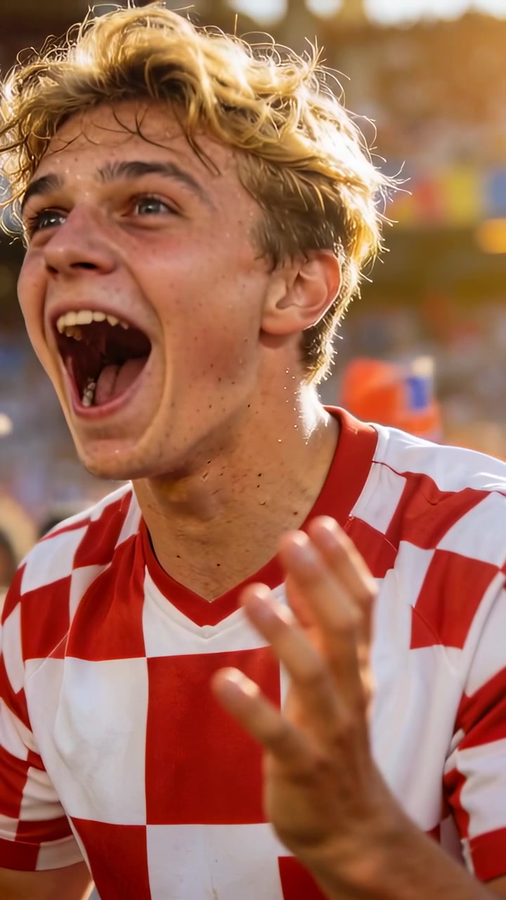 Video verticale: Tifoso esultante che alza la mano, urlando nello stadio dopo un gol, indossando una maglia rosso-bianca.