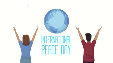 internationale vredesdag lettering met paar en aarde planeet