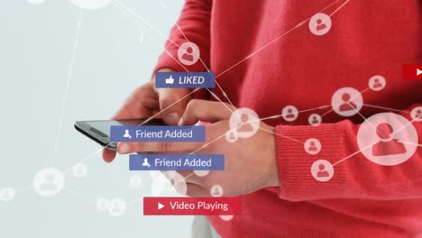 Animation-of-notification-bars-and-connected-icons,-midsection-of-caucasian-man-typing-on-cellphone