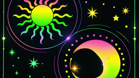 sun and moon with stars animation over black background