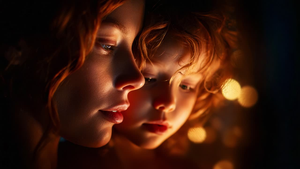Un momento intimo di connessione: primo piano di una donna e un bambino che condividono un’esperienza toccante, illuminati da una luce calda e soffusa che esalta le loro espressioni ed emozioni